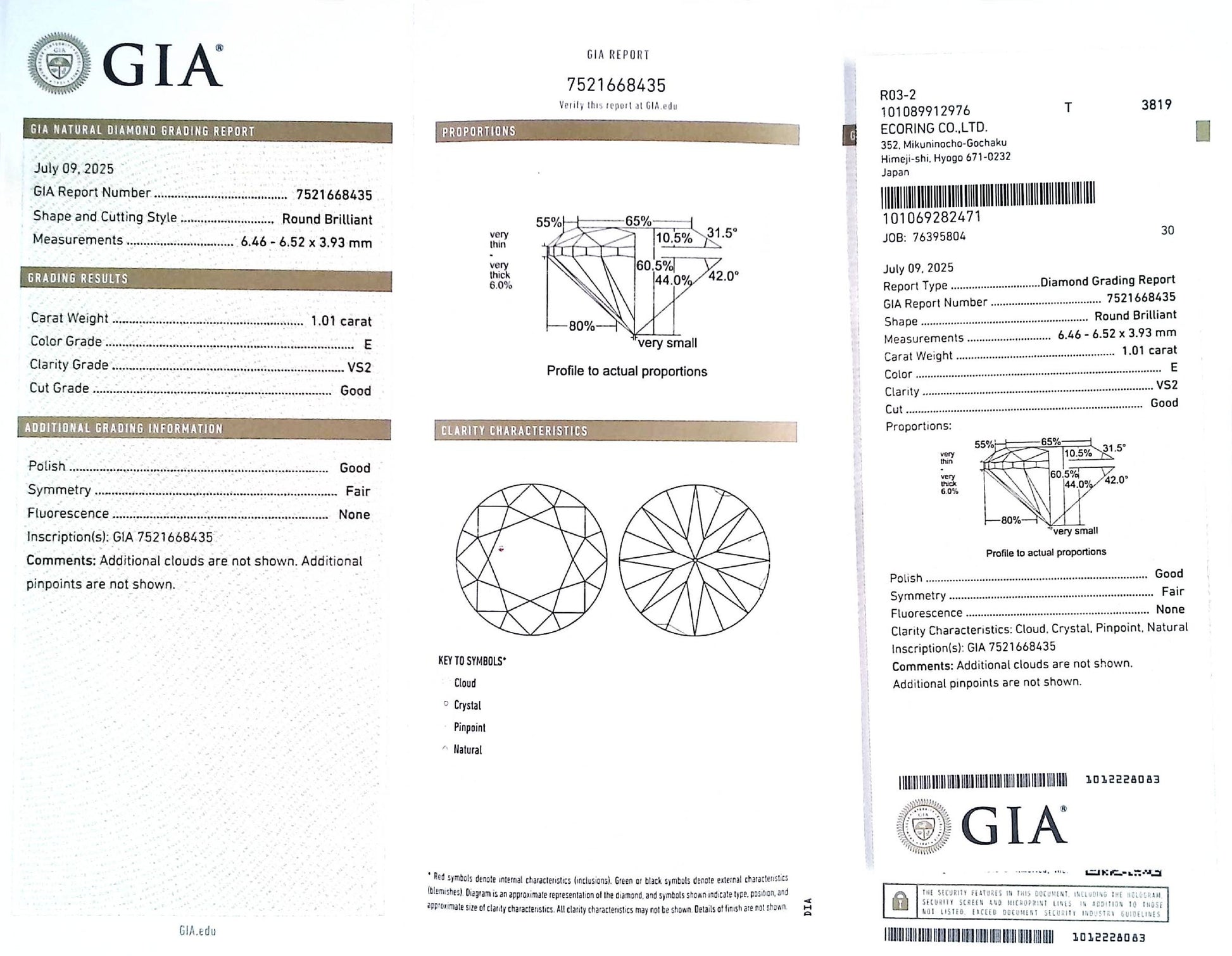 1.01ct E-VS-2 GOOD/GD/FR NONE NATURAL 6.46-6.52X3.93mm GIA Loose Diamond