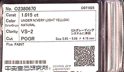 1.015ct UNDER N) VERY LIGHT YELLOW VS-2 POOR/GOLD/GOLD FAINT NATURAL 5.85-5.88X4.16mm Loose Diamond
