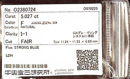5.027ct F I-1 FAIR/GD/FR STRONG BLUE NATURAL 11.24-11.33X6.60mm LDH Loose Diamond