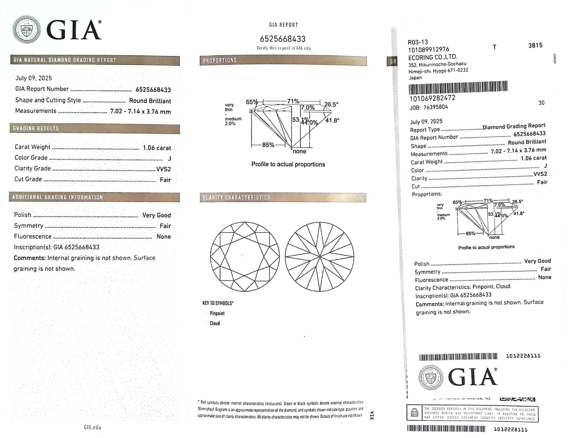 1.06ct J VVS-2 FAIR/VG/FR NONE NATURAL 7.02-7.14X3.76mm GIA Diamond Loose