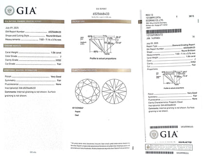 1.06ct J VVS-2 FAIR/VG/FR NONE NATURAL 7.02-7.14X3.76mm GIA Diamond Loose