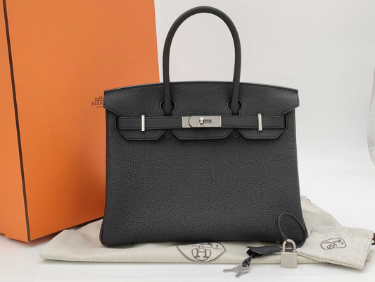 HERMES Birkin 30 Togo Noir Handbag with Matte Silver Hardware and K Stamp