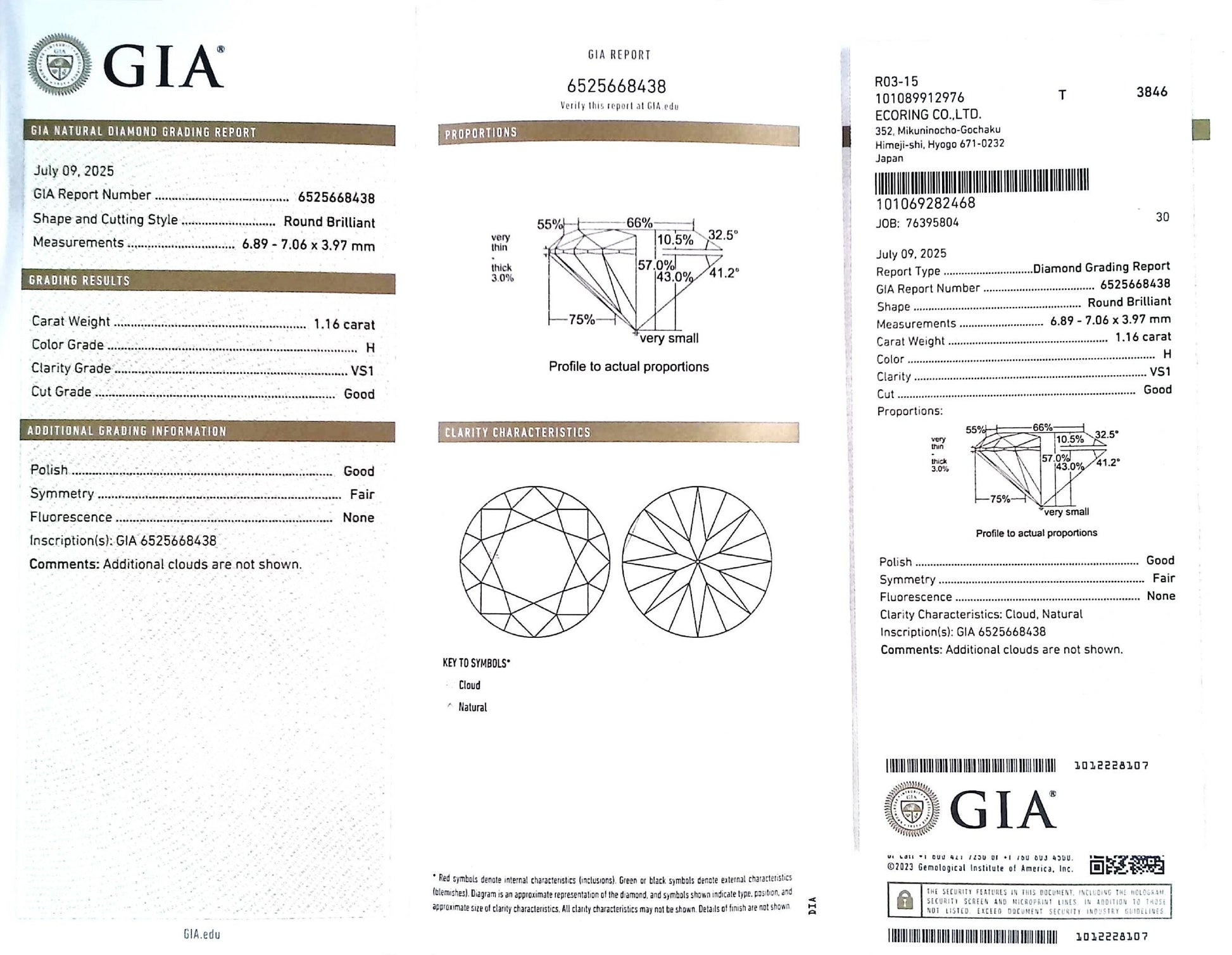 1.16ct H VS-1 GOOD/GD/FR NONE NATURAL 6.89-7.06X3.97mm GIA Diamond Loose