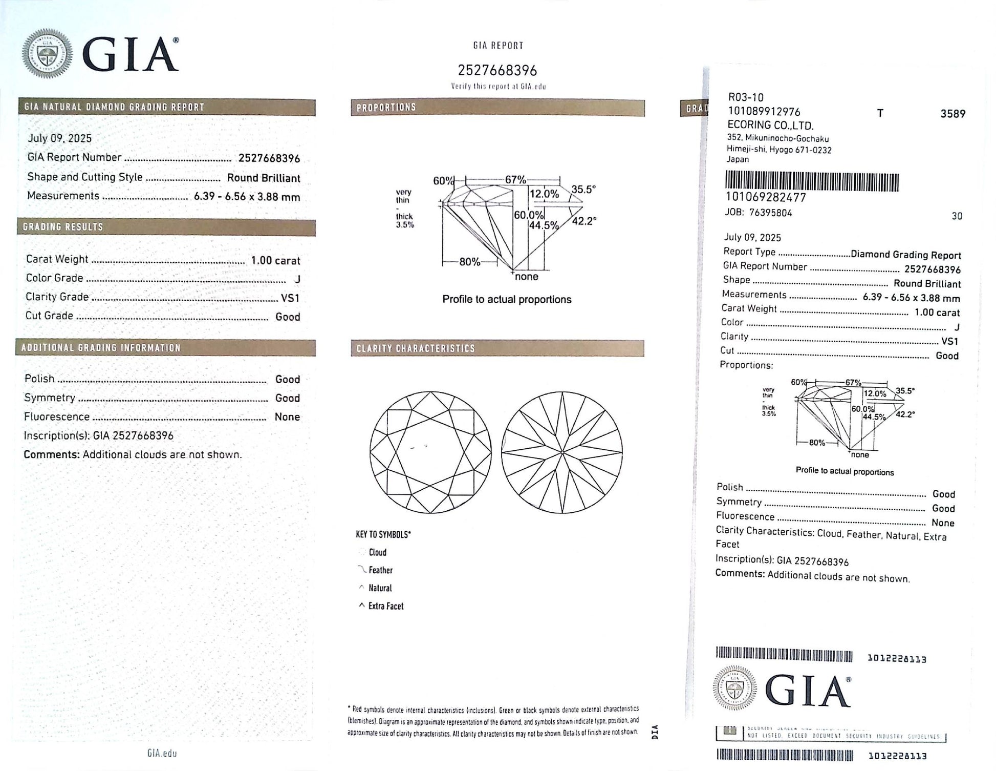 1.00ct J VS-1 GOOD/GD/GD NONE NATURAL 6.39-6.56X3.88mm GIA Diamond Loose