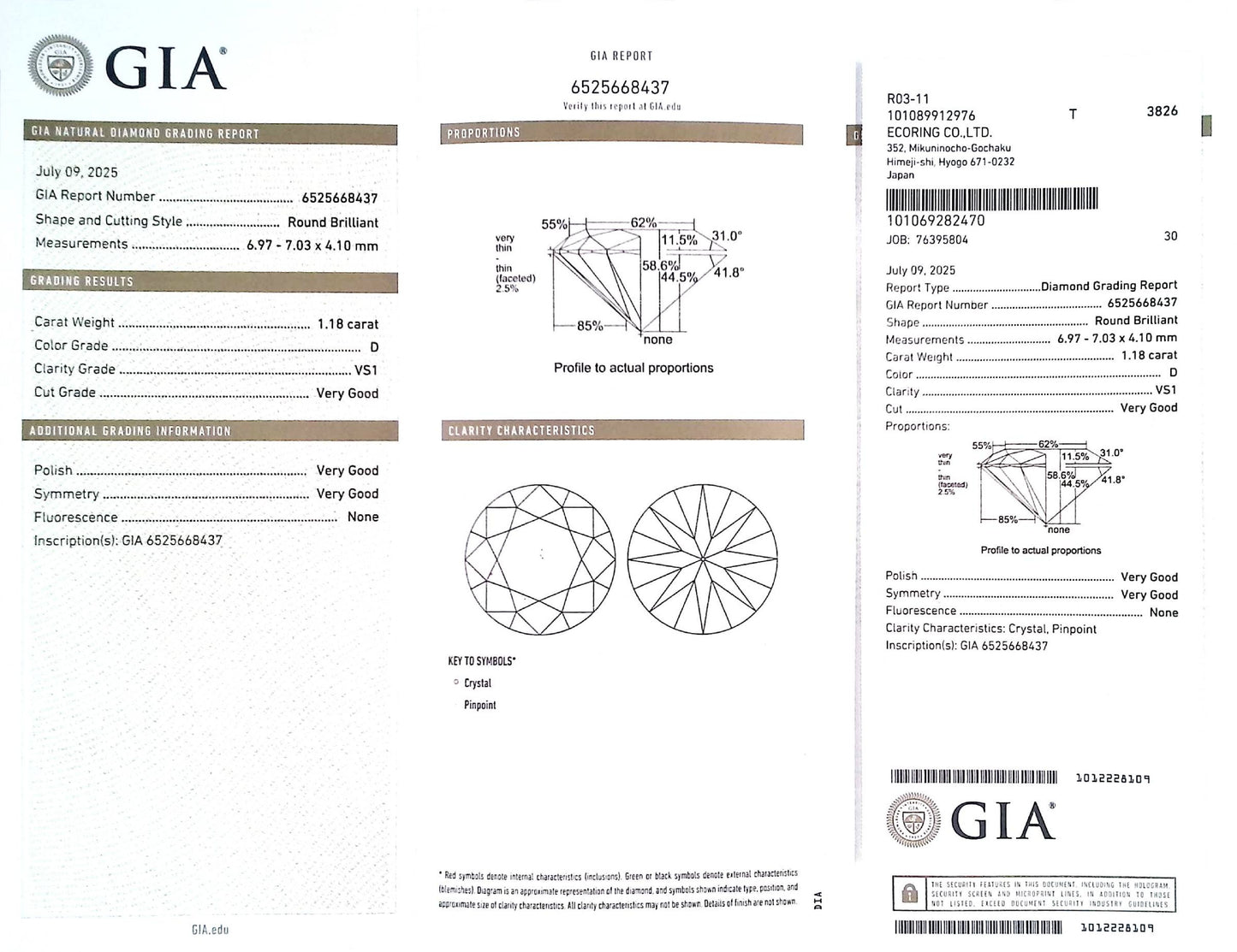 1.18ct D VS-1 Very Good/VG/VG None Natural 6.97-7.03 x 4.10mm GIA Diamond Loose Stone