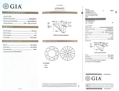 1.18ct D VS-1 Very Good/VG/VG None Natural 6.97-7.03 x 4.10mm GIA Diamond Loose Stone