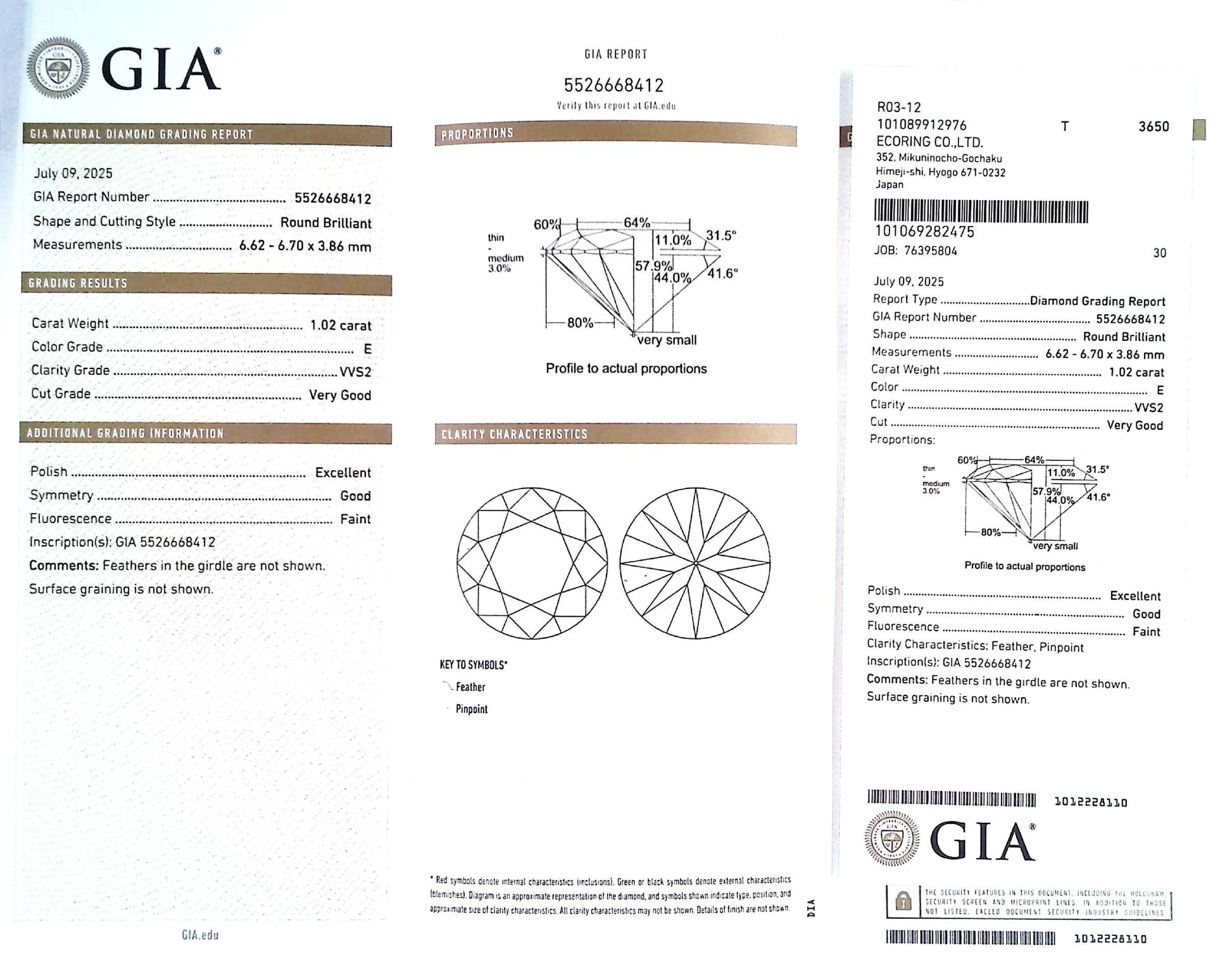 1.02ct E VVS-2 VERYGOOD/EX/GD FAINT NATURAL 6.62-6.70X3.86mm GIA Loose Diamond