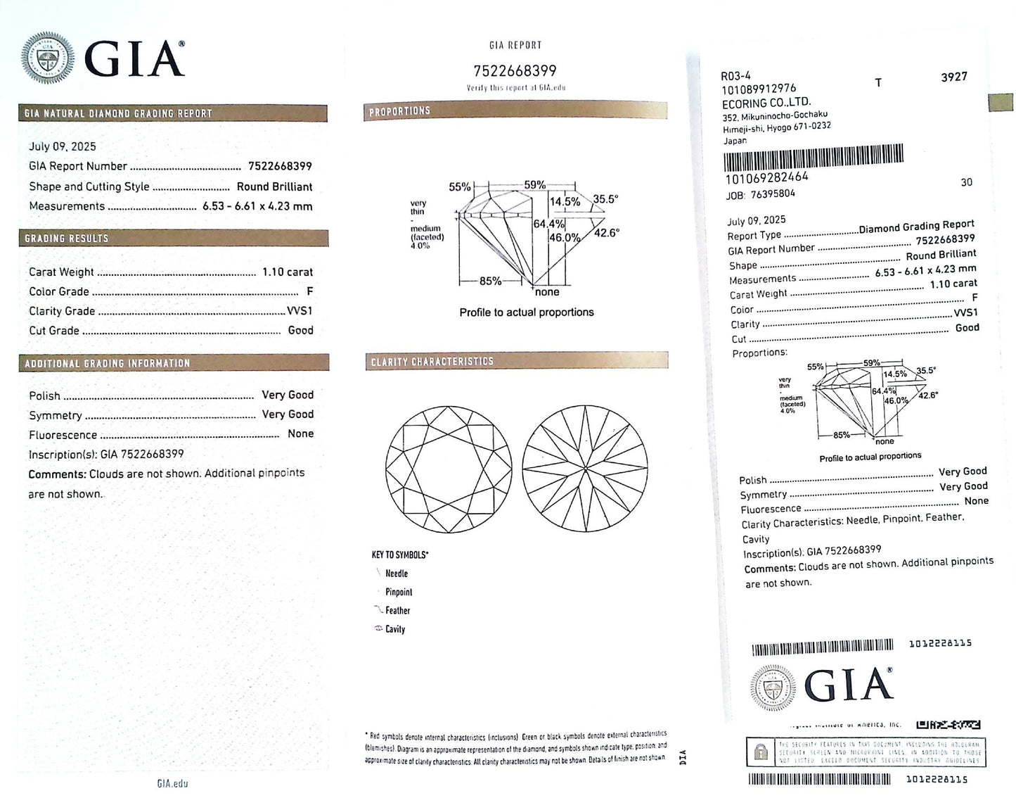 1.10ct F VVS-1 GOOD/VG/VG NONE NATURAL 6.53-6.61X4.23mm GIA Diamond Loose