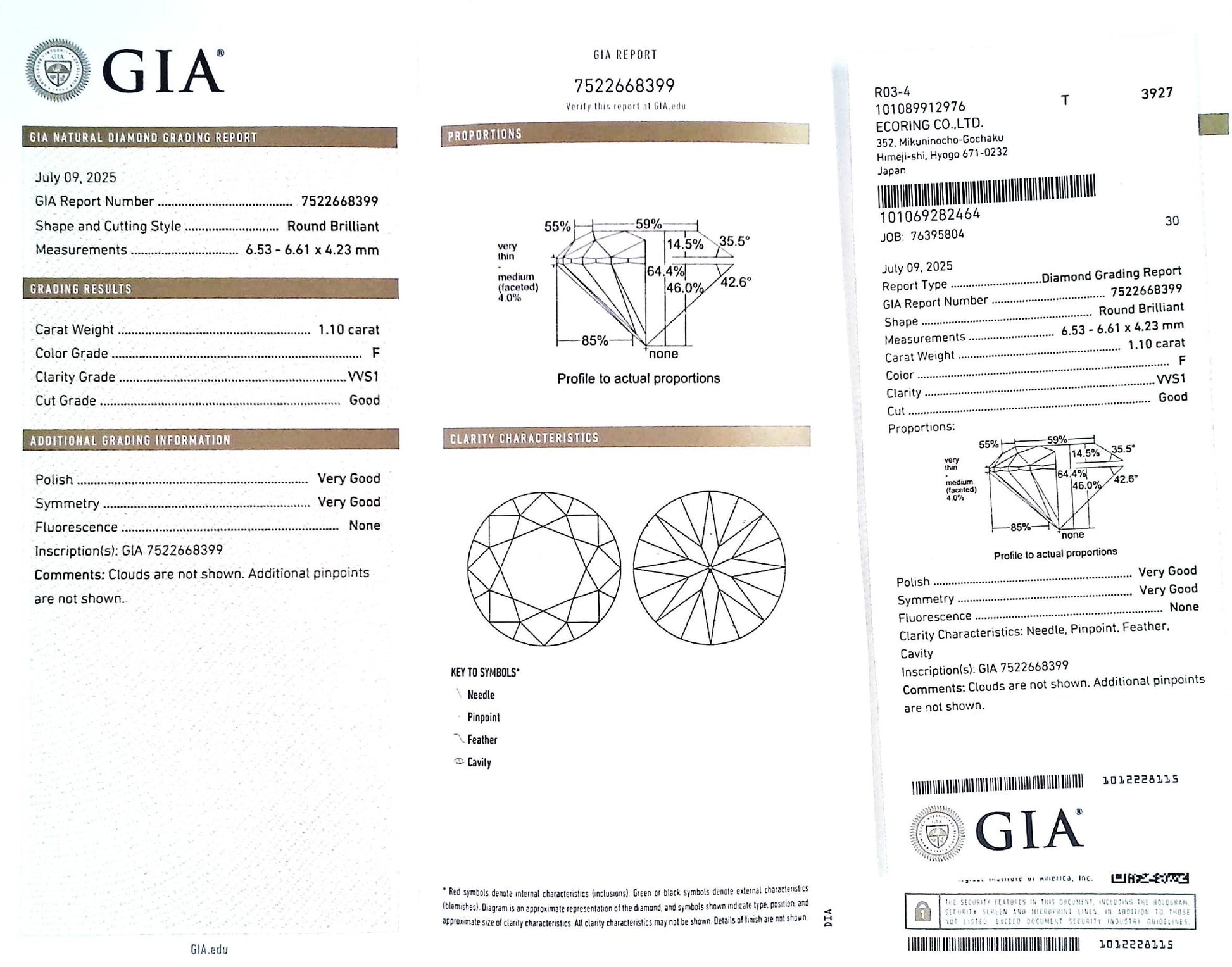 1.10ct F VVS-1 GOOD/VG/VG NONE NATURAL 6.53-6.61X4.23mm GIA Diamond Loose