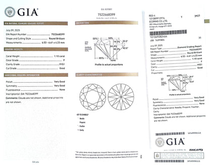 1.10ct F VVS-1 GOOD/VG/VG NONE NATURAL 6.53-6.61X4.23mm GIA Diamond Loose