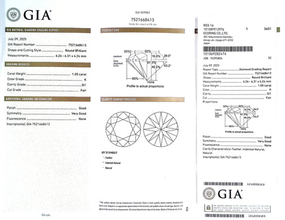 1.05ct K SI-1 FAIR/GD/VG NONE NATURAL 6.26-6.31X4.24mm GIA Diamond Loose