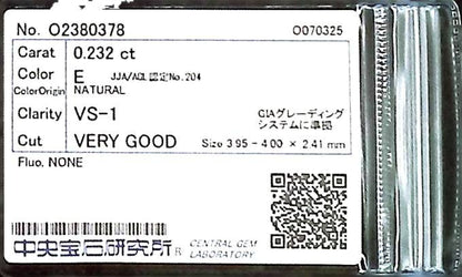 0.232ct E VS-1 VERY GOOD/VG/VG NONE NATURAL 3.95-4.00X2.41mm Loose Diamond