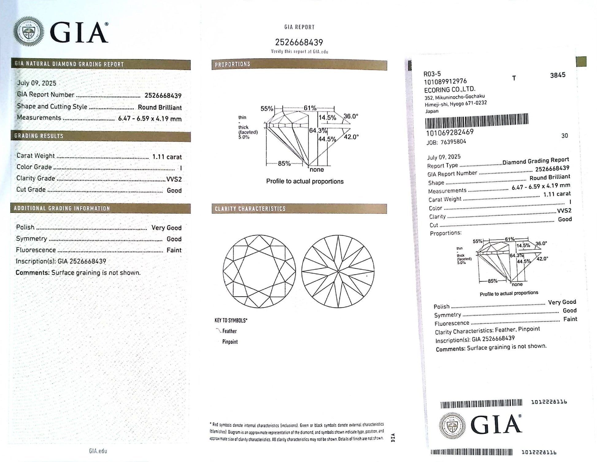 1.11ct I VVS-2 GOOD/VG/GD FAINT NATURAL 6.47-6.59X4.19mm GIA Diamond Loose