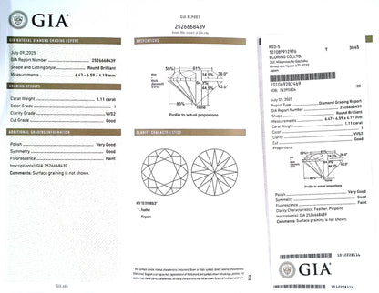 1.11ct I VVS-2 GOOD/VG/GD FAINT NATURAL 6.47-6.59X4.19mm GIA Diamond Loose
