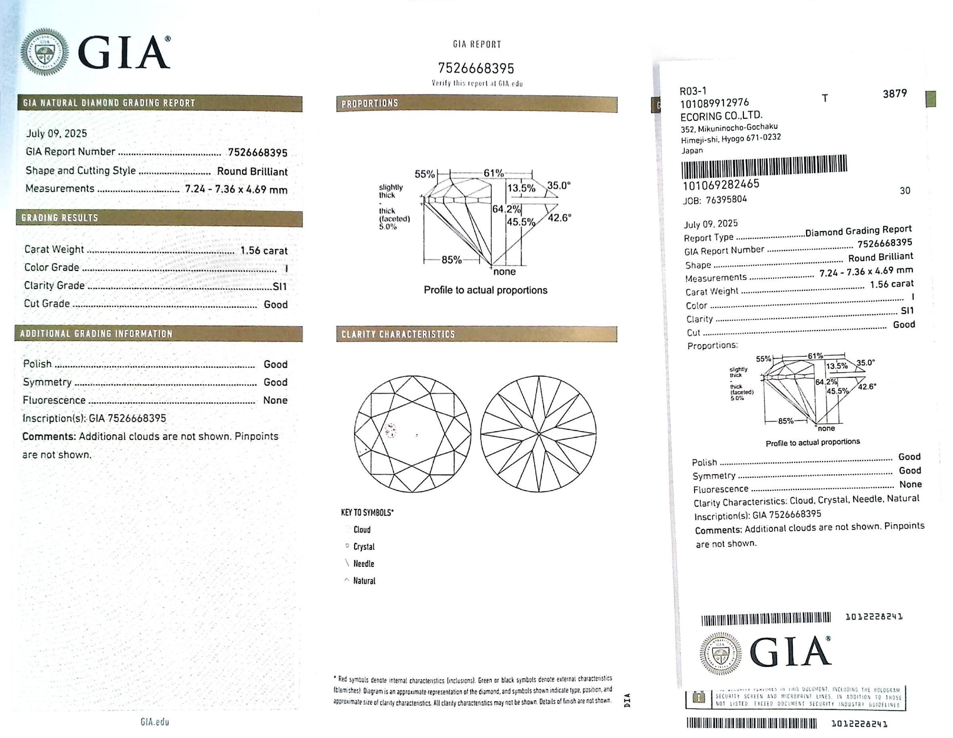 1.56ct I SI-1 GOOD/GD/GD NONE NATURAL 7.24-7.36X4.69mm GIA Diamond Loose