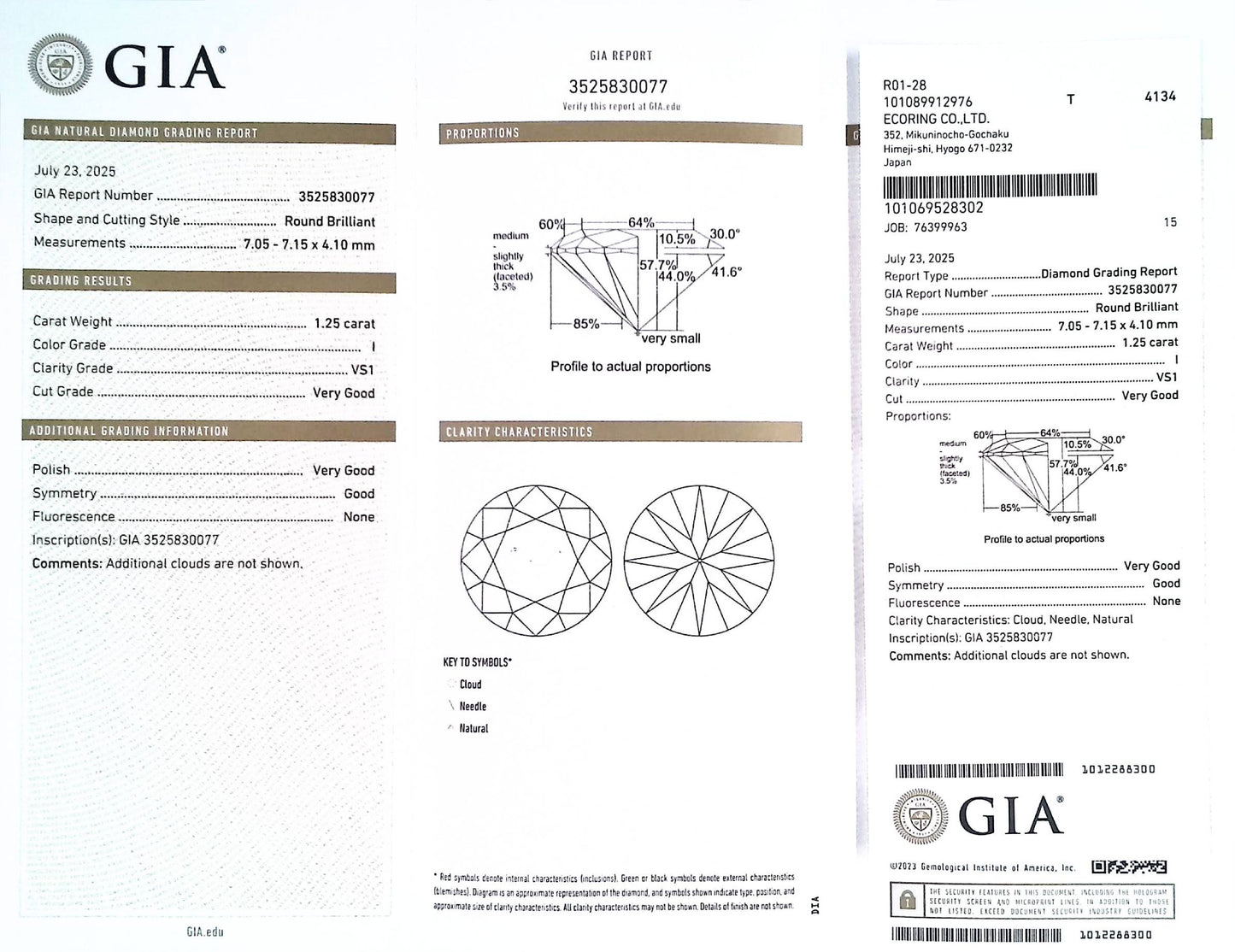 1.25ct I VS-1 VERYGOOD/VG/GD NONE NATURAL 7.05-7.15X4.10mm GIA Diamond Loose Stone