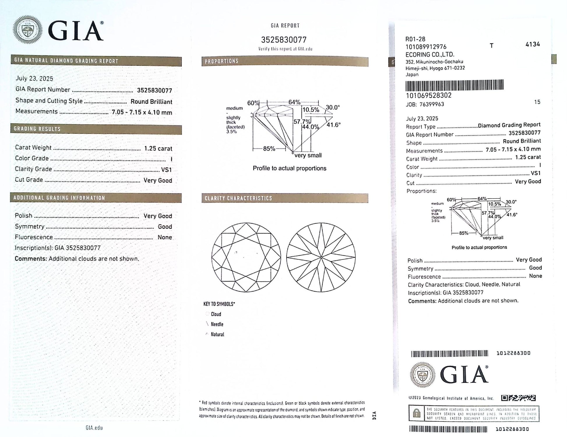 1.25ct I VS-1 VERYGOOD/VG/GD NONE NATURAL 7.05-7.15X4.10mm GIA Diamond Loose Stone