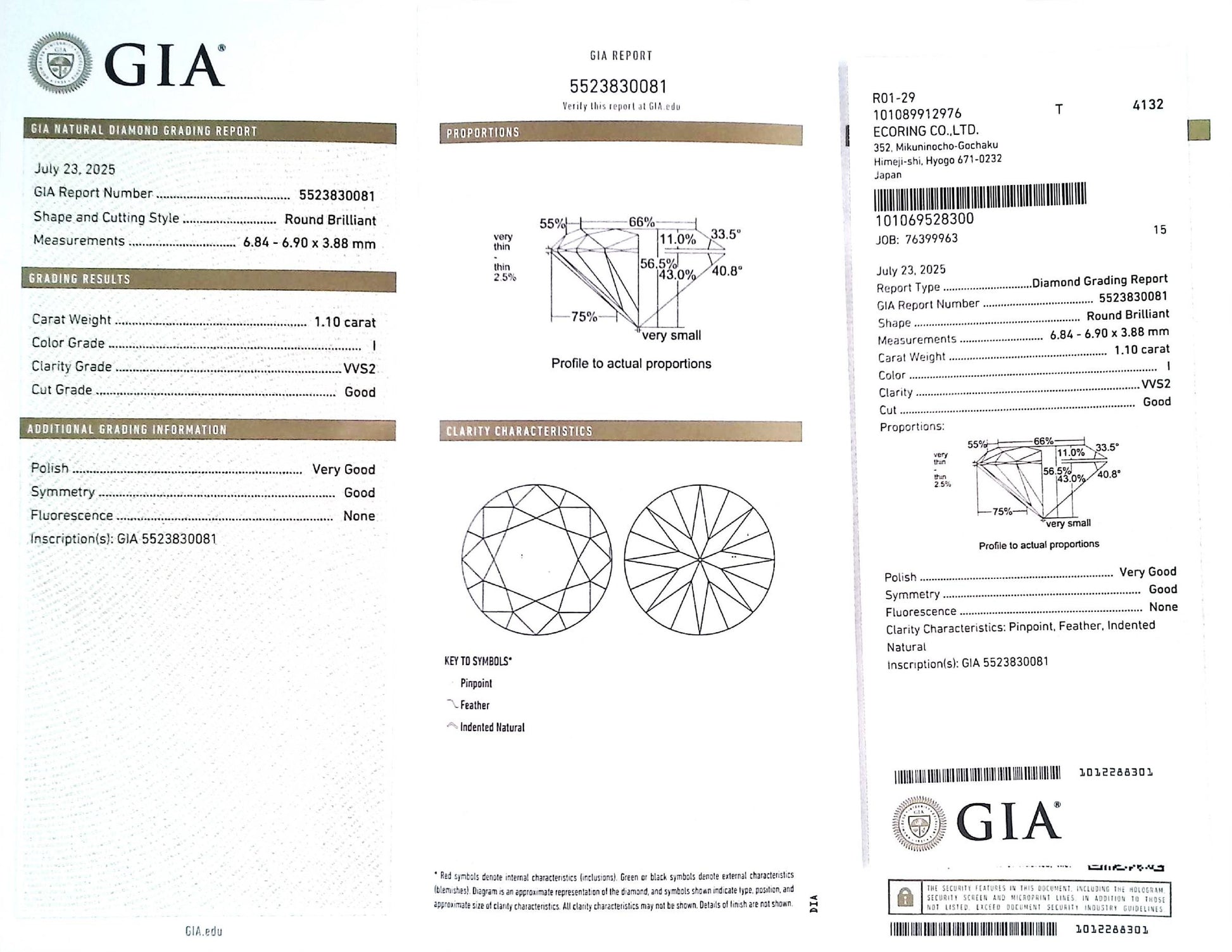 1.10ct I VVS-2 GOOD/VG/GD NONE NATURAL 6.84-6.90X3.88mm GIA Diamond Loose