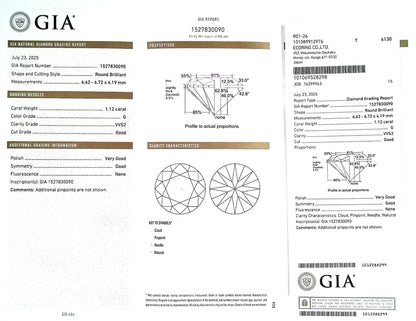 1.12ct G VVS-2 GOOD/VG/GD NONE NATURAL 6.62-6.72X4.19mm GIA Diamond Loose