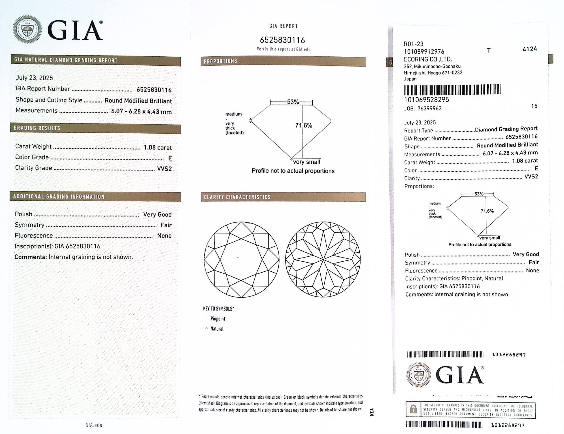 1.08ct E VVS-2 ****/VG/FR NONE NATURAL 6.07-6.28X4.43mm GIA Diamond Loose