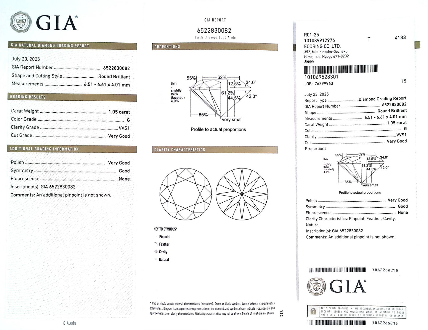1.05ct G VVS-1 Very Good/VG/GD None Natural 6.51-6.61 x 4.01mm GIA Diamond Loose