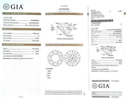 1.05ct G VVS-1 Very Good/VG/GD None Natural 6.51-6.61 x 4.01mm GIA Diamond Loose
