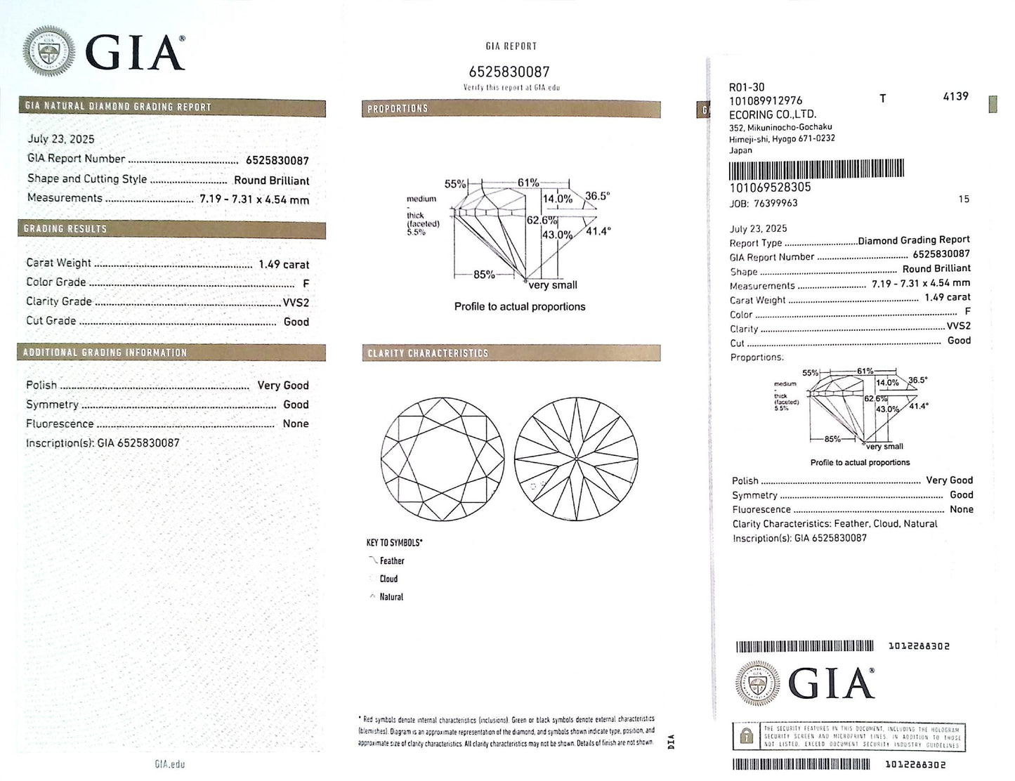 1.49ct F VVS-2 GOOD/VG/GD NONE NATURAL 7.19-7.31X4.54mm GIA Diamond Loose