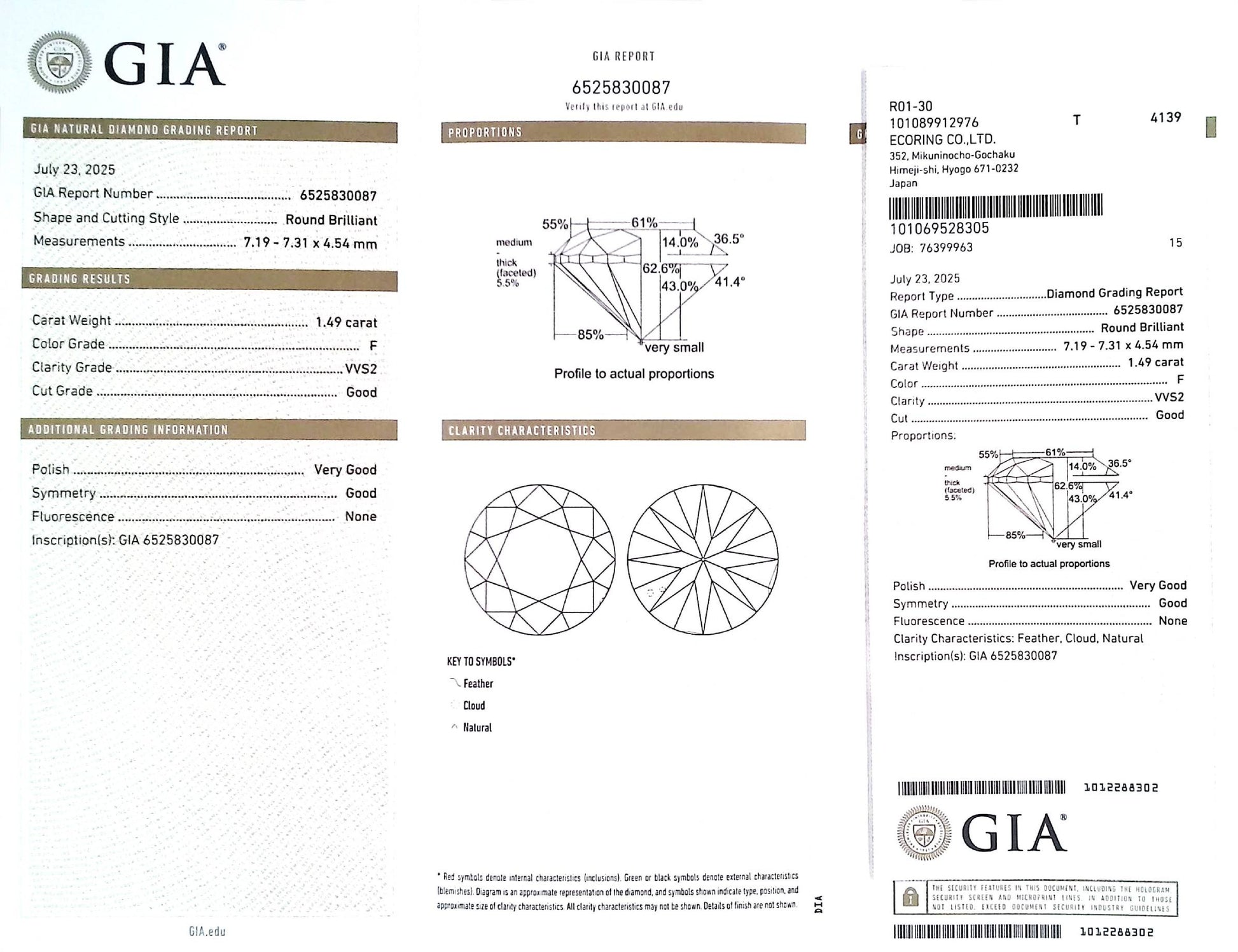 1.49ct F VVS-2 GOOD/VG/GD NONE NATURAL 7.19-7.31X4.54mm GIA Diamond Loose