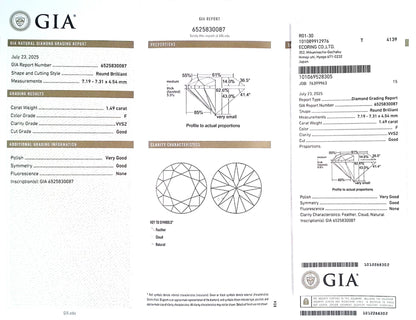 1.49ct F VVS-2 GOOD/VG/GD NONE NATURAL 7.19-7.31X4.54mm GIA Diamond Loose