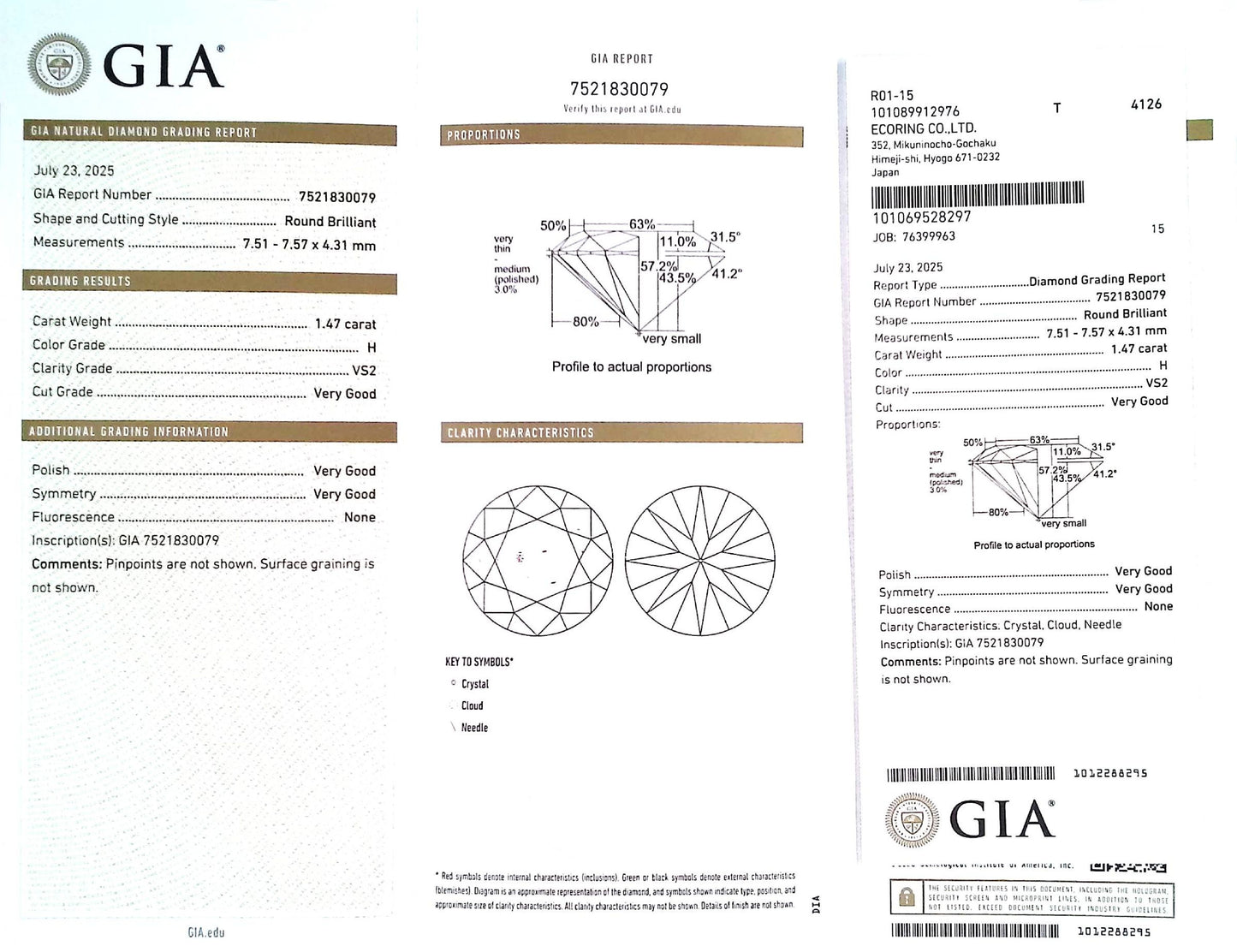1.47ct H VS-2 Very Good/VG/VG None Natural 7.51-7.57 x 4.31mm GIA Diamond Loose