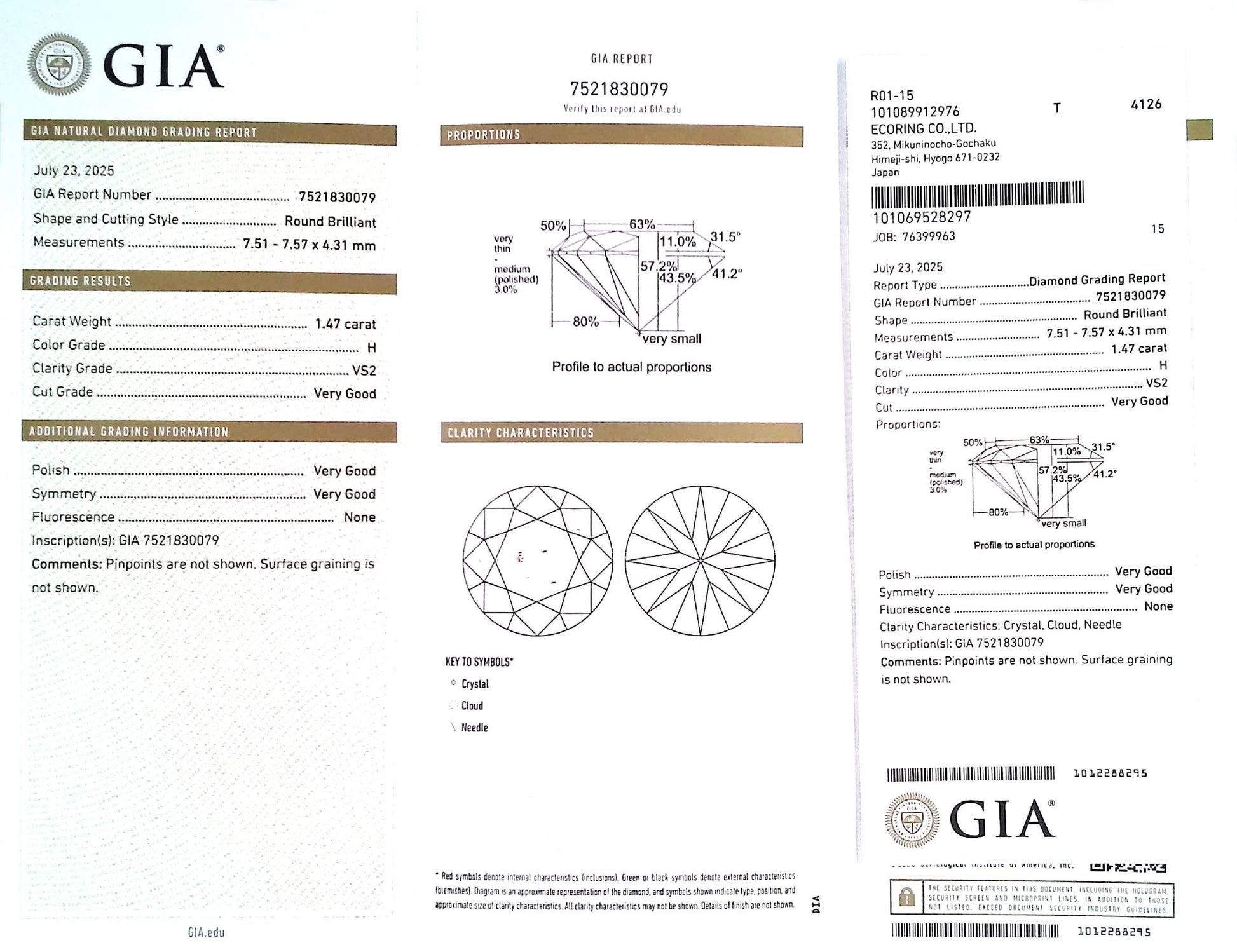 1.47ct H VS-2 Very Good/VG/VG None Natural 7.51-7.57 x 4.31mm GIA Diamond Loose