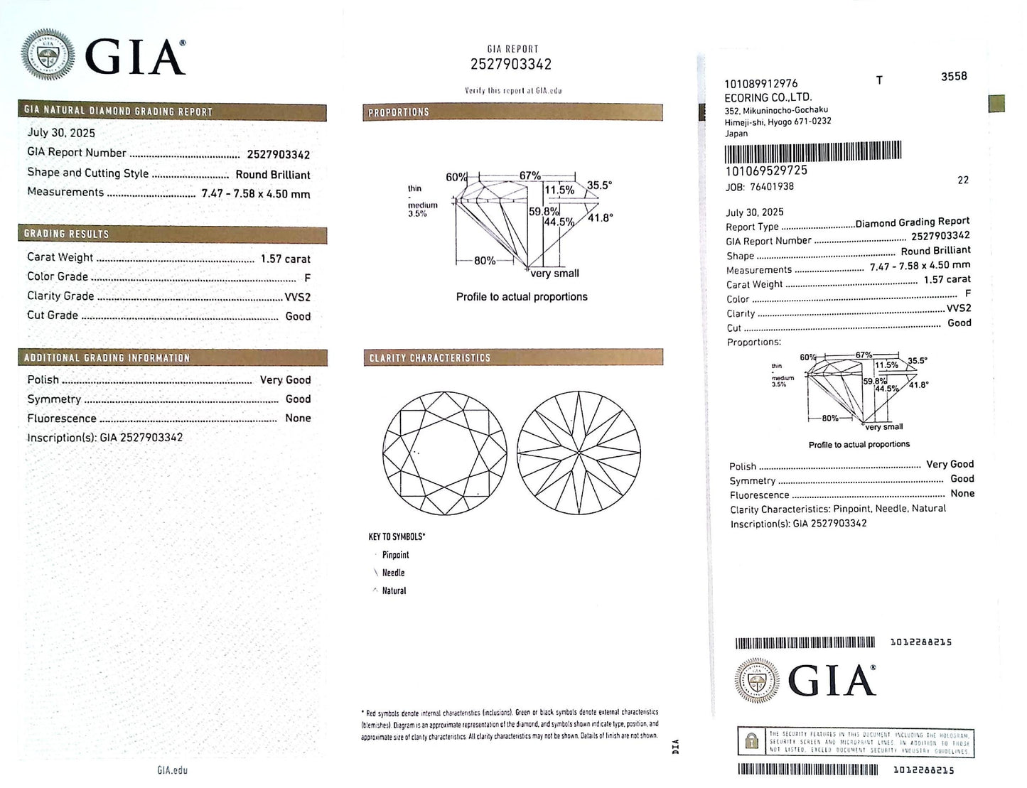 1.57ct F VVS-2 GOOD/VG/GD NONE NATURAL 7.47-7.58X4.50mm GIA Diamond Loose