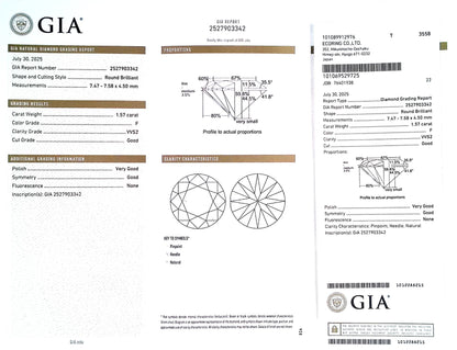 1.57ct F VVS-2 GOOD/VG/GD NONE NATURAL 7.47-7.58X4.50mm GIA Diamond Loose