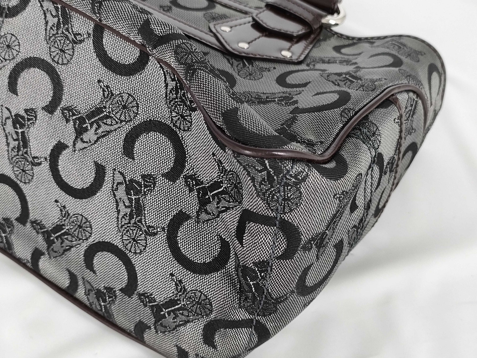 CELINE Boogie/Canvas/Patent Leather/Black x Brown Handbag