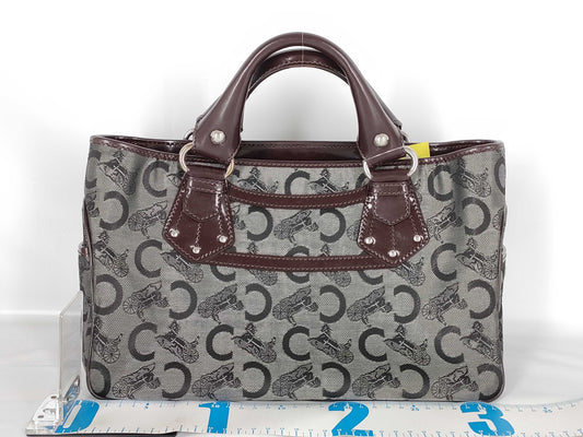CELINE Boogie/Canvas/Patent Leather/Black x Brown Handbag