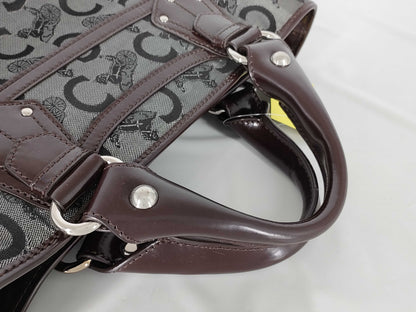 CELINE Boogie/Canvas/Patent Leather/Black x Brown Handbag