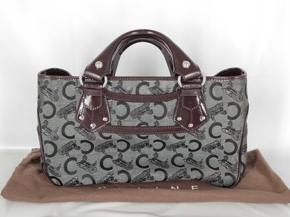 CELINE Boogie/Canvas/Patent Leather/Black x Brown Handbag