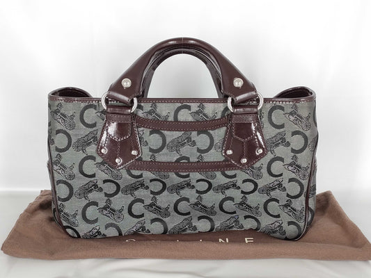 CELINE Boogie/Canvas/Patent Leather/Black x Brown Handbag