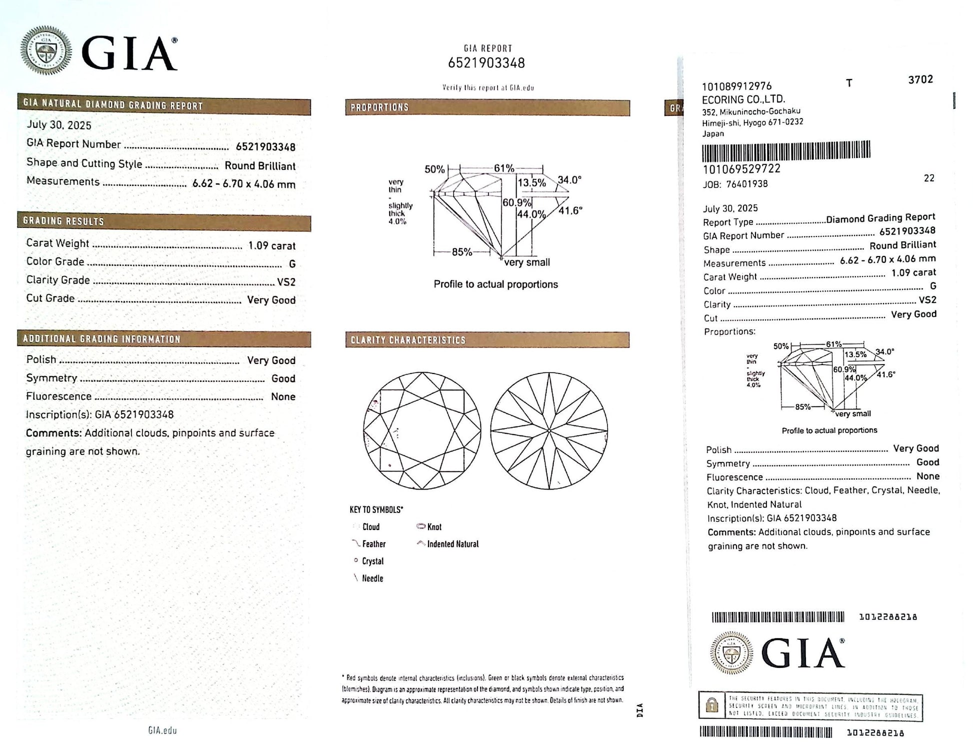 1.09ct G VS-2 Very Good/VG/GD None Natural 6.62-6.70 x 4.06mm GIA Diamond Loose Stone