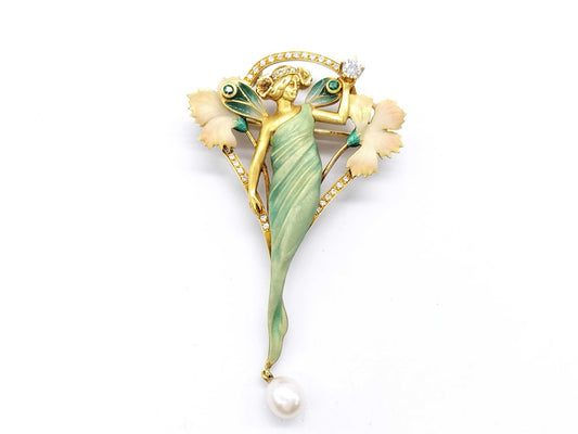 MASRIERA Pearl Diameter: Approx. 6.0mm, Emerald, Diamond, 750, 15.2g, Brooch 