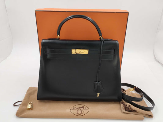 HERMES Kelly 32 Box Calf Leather Black GD Hardware 〇A Stamp Handbag