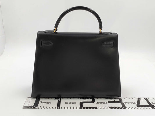 HERMES Kelly 32 Box Calf Leather Black GD Hardware 〇A Stamp Handbag