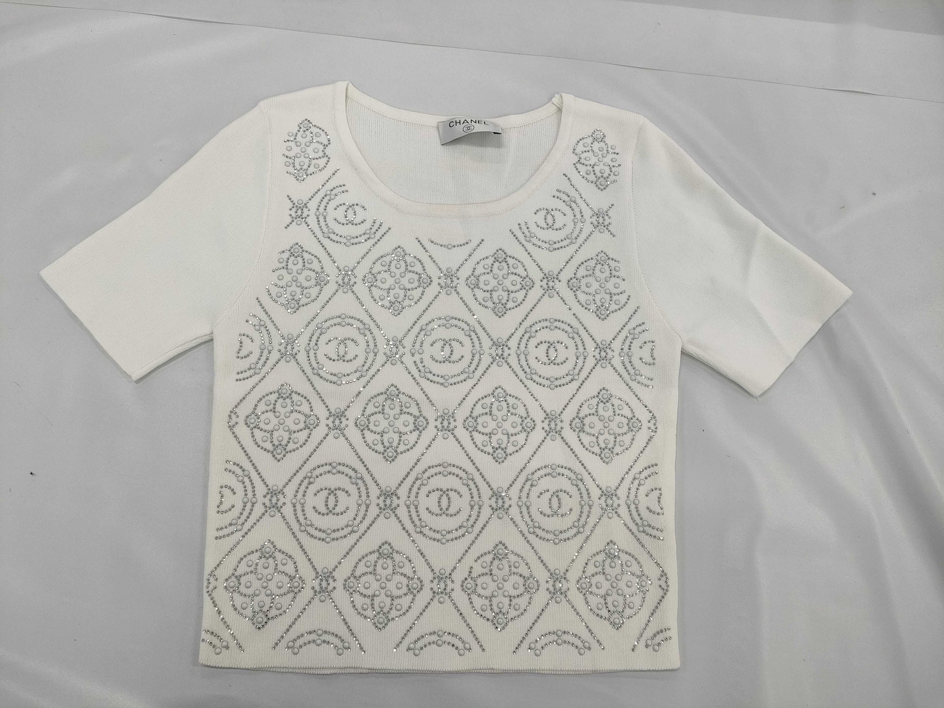 CHANEL Knit Sweater Coco Chanel Short Sleeve White Top