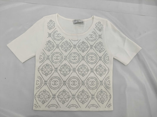 CHANEL Knit Sweater Coco Chanel Short Sleeve White Top