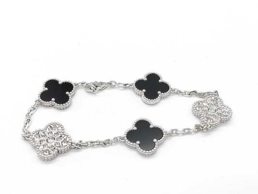 Van Cleef & Arpels Vintage Alhambra 5-Piece Onyx and Diamond Bracelet in WG Au750, 12.2g 