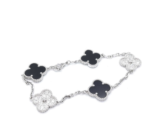 Van Cleef & Arpels Vintage Alhambra 5-Piece Onyx and Diamond Bracelet in WG Au750, 12.2g 