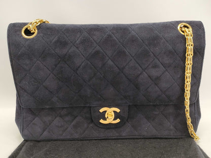 CHANEL Matelasse 28 Double Flap Double Chain Gold Hardware Black/Suede Shoulder Bag