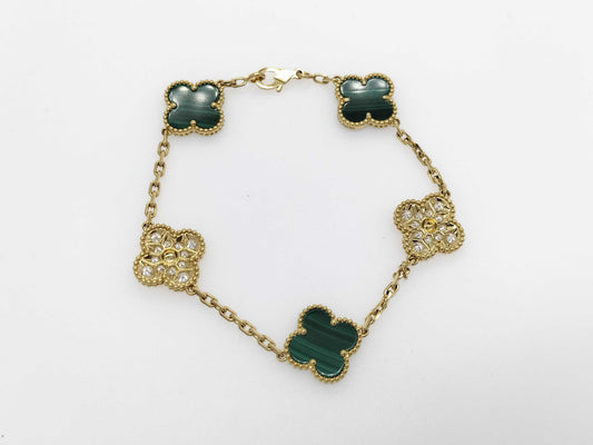 Van Cleef & Arpels Vintage Alhambra Malachite and Diamond Bracelet in Yellow Gold and Au750, 12.9g 