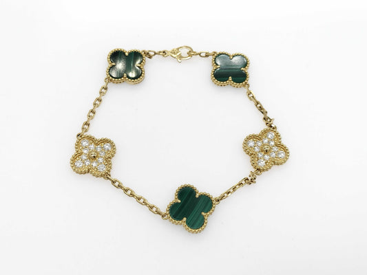 Van Cleef & Arpels Vintage Alhambra Malachite and Diamond Bracelet in Yellow Gold and Au750, 12.9g 