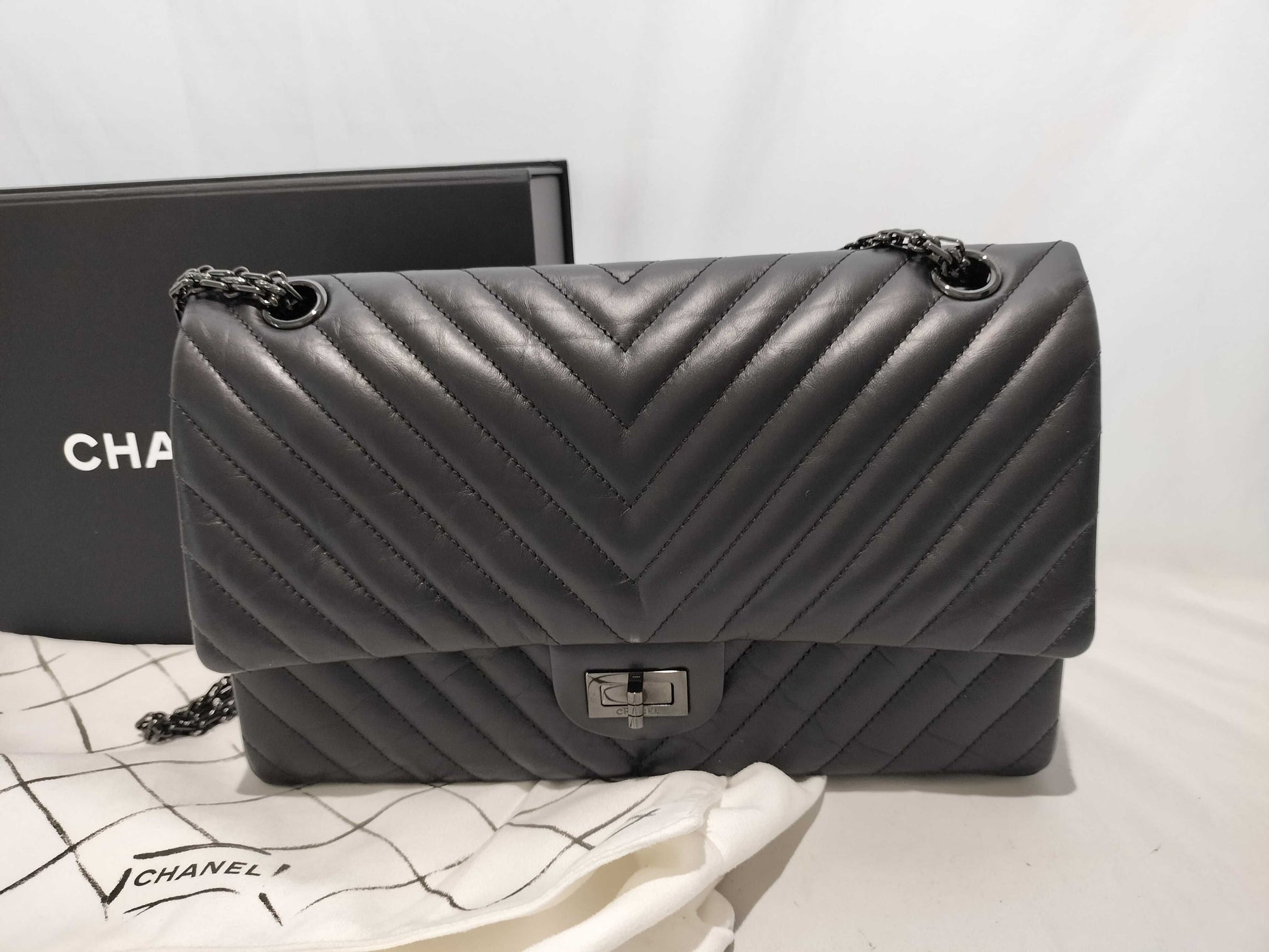 CHANEL So Black Chevron 2.55 Double Flap Shoulder Bag